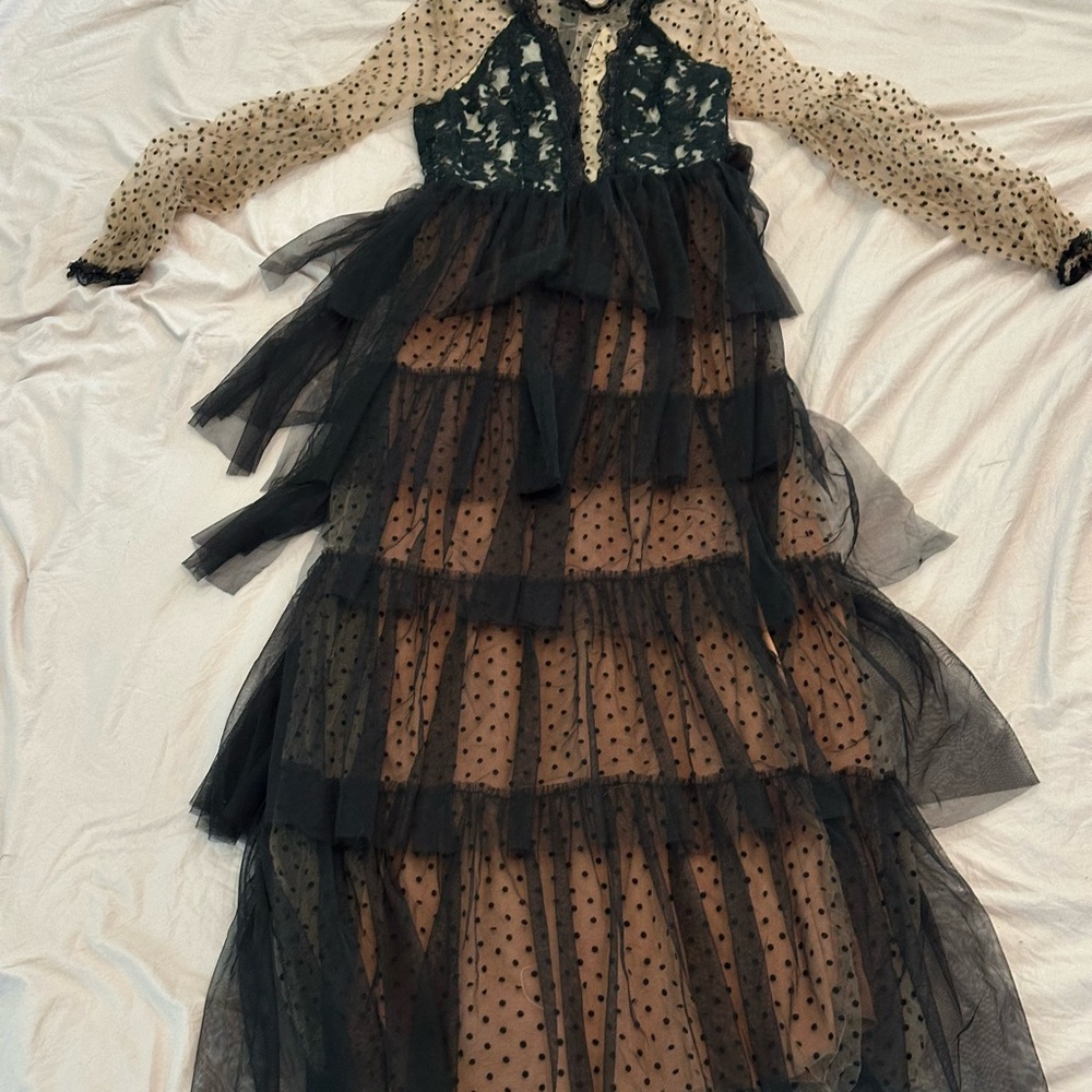 Elegant Black and Beige Polka Dot Dress